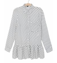 White Lapel Long Sleeve Polka Dot Loose Blouse