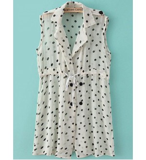 White Sleeveless Polka Dot Drawstring Blouse