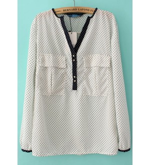 White V Neck Polka Dot Pockets Chiffon Blouse