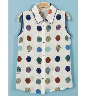 White Lapel Sleeveless Polka Dot Chiffon Blouse