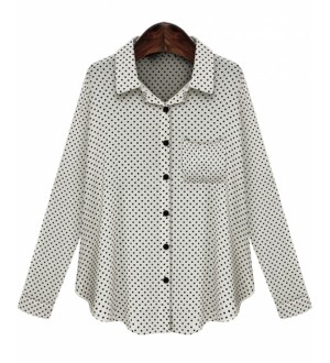 White Lapel Long Sleeve Polka Dot Pocket Blouse