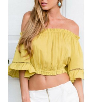 Yellow Off Shoulder Trumpet Sleeve Ruched Crop Top