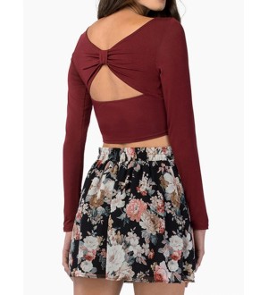 Wine Red Ruched Bow Cut Out Back Crop Top