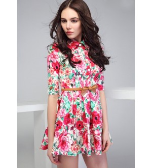 White Three Quarter Sleeve Floral Pattern Lapel Dress