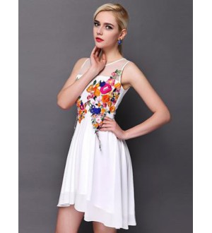 White Sleeveless Contrast Mesh Yoke Embroidery Dress