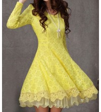 Yellow Long Sleeve Flower Lace Pleated Dress