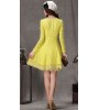 Yellow Long Sleeve Flower Lace Pleated Dress