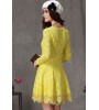 Yellow Long Sleeve Flower Lace Pleated Dress