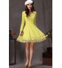 Yellow Long Sleeve Flower Lace Pleated Dress