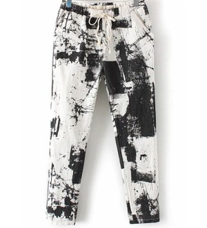 Black Drawstring Waist Abstract Print Pant