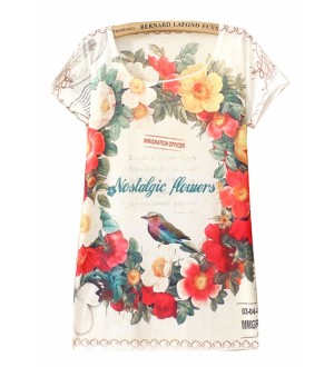 White Short Sleeve Garland Print Loose T-Shirt